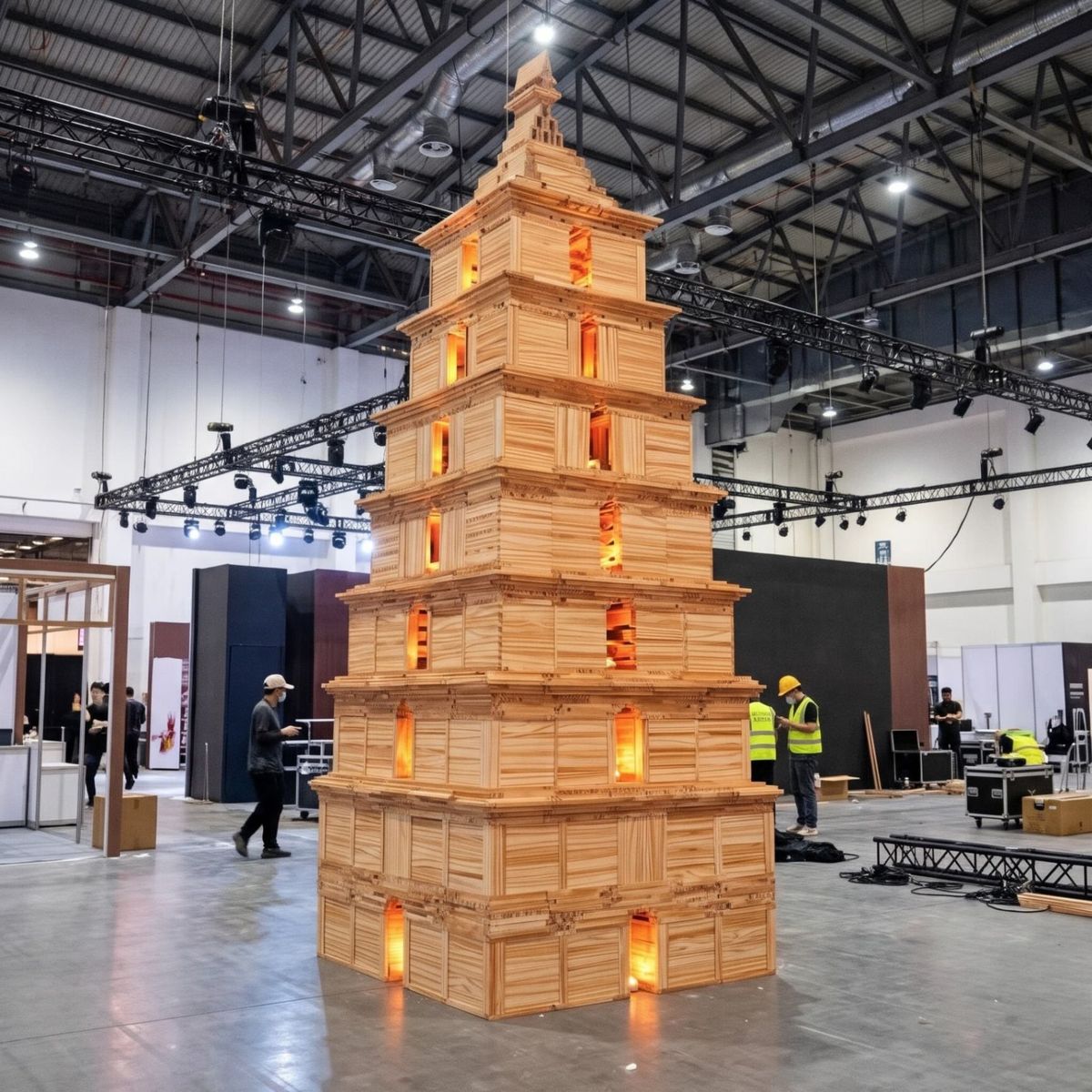 Giant wooden-block tower built live in an exhibition hall